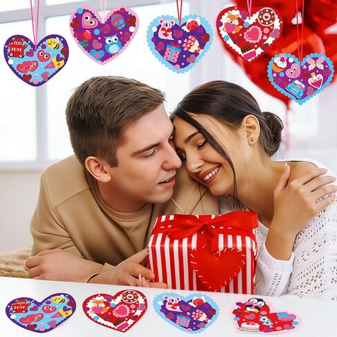 LOAVER 24 Sets Valentines Day Heart Ornaments Craft Kit,DIY Assorted Foam Heart with Shape Stickers Googly Eyes Rhinestones Bookmark for Valentines Day Presents Gift Exchange Craft Supplies in Kuwait