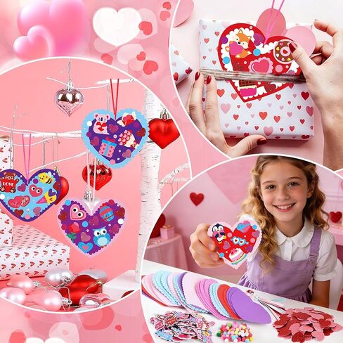 LOAVER 24 Sets Valentines Day Heart Ornaments Craft Kit,DIY Assorted Foam Heart with Shape Stickers Googly Eyes Rhinestones Bookmark for Valentines Day Presents Gift Exchange Craft Supplies in Kuwait