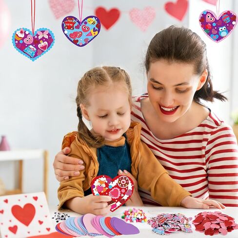 LOAVER 24 Sets Valentines Day Heart Ornaments Craft Kit,DIY Assorted Foam Heart with Shape Stickers Googly Eyes Rhinestones Bookmark for Valentines Day Presents Gift Exchange Craft Supplies in Kuwait