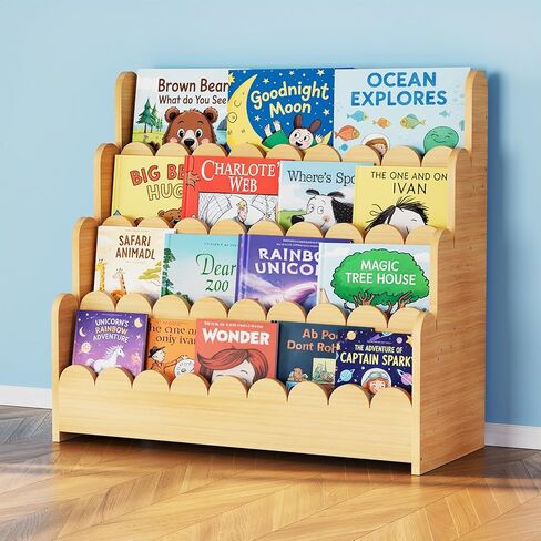 SpaceAid 4-Tier Scalloped Bookshelf, Montessori Bookcase for Toddlers, Wooden Book Shelf Organizer Display Furniture for Kids Rooms, Playroom, Nursery and Classroom, 29.6“ Wide, Natural in Kuwait