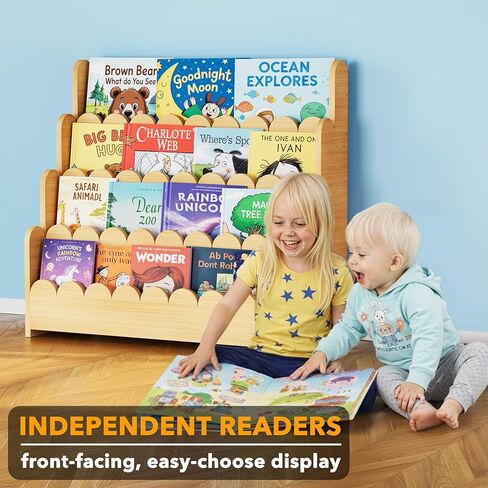 SpaceAid 4-Tier Scalloped Bookshelf, Montessori Bookcase for Toddlers, Wooden Book Shelf Organizer Display Furniture for Kids Rooms, Playroom, Nursery and Classroom, 29.6“ Wide, Natural in Kuwait