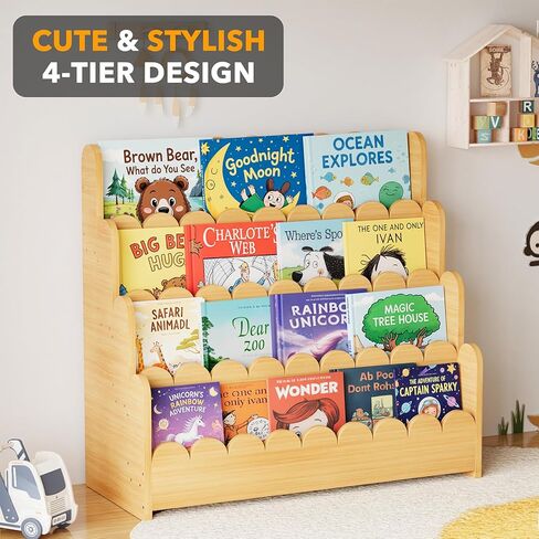 SpaceAid 4-Tier Scalloped Bookshelf, Montessori Bookcase for Toddlers, Wooden Book Shelf Organizer Display Furniture for Kids Rooms, Playroom, Nursery and Classroom, 29.6“ Wide, Natural in Kuwait