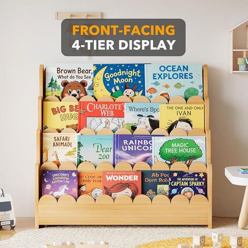 SpaceAid 4-Tier Scalloped Bookshelf, Montessori Bookcase for Toddlers, Wooden Book Shelf Organizer Display Furniture for Kids Rooms, Playroom, Nursery and Classroom, 29.6“ Wide, Natural in Kuwait