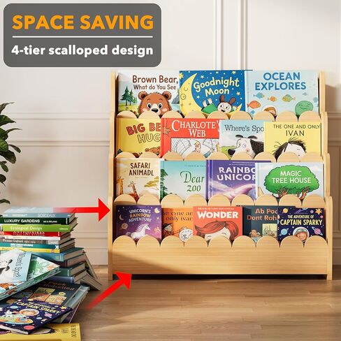 SpaceAid 4-Tier Scalloped Bookshelf, Montessori Bookcase for Toddlers, Wooden Book Shelf Organizer Display Furniture for Kids Rooms, Playroom, Nursery and Classroom, 29.6“ Wide, Natural in Kuwait