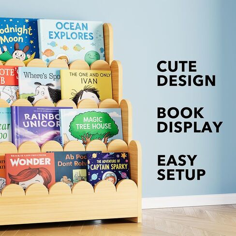 SpaceAid 4-Tier Scalloped Bookshelf, Montessori Bookcase for Toddlers, Wooden Book Shelf Organizer Display Furniture for Kids Rooms, Playroom, Nursery and Classroom, 29.6“ Wide, Natural in Kuwait