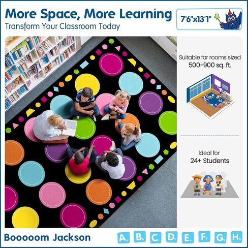 Booooom Jackson 7'6''x13' Colorful Circles Classroom Rug for Kids Room Seating Décor - Thick Nylon Large Preschool Carpet Daycare Rug for Teaching, Playroom, Non-Slip &No Triping,20X Stain Resistance in Kuwait