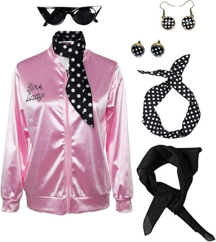 سترة نسائية من الساتان الوردي للسيدات في الخمسينيات مع وشاح للرقبة زي الهالوين التنكرية in Kuwait