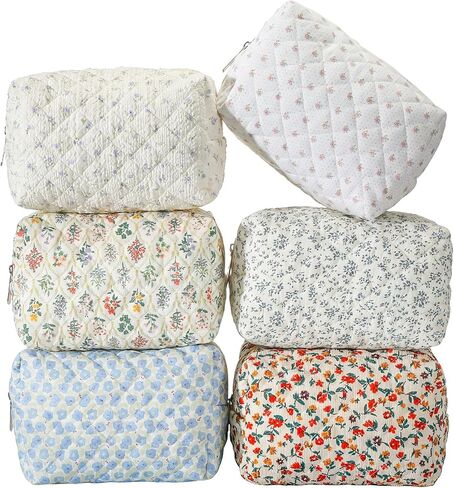6 Pcs 8 Inch Large Quilted Makeup Bag Bulk Floral Cosmetic Bag Bridesmaid Gifts Women Floral Cotton Quilted Pouch Travel Toiletry Coquette Aesthetic Makeup Organizer for Women in Kuwait