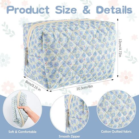 6 Pcs 8 Inch Large Quilted Makeup Bag Bulk Floral Cosmetic Bag Bridesmaid Gifts Women Floral Cotton Quilted Pouch Travel Toiletry Coquette Aesthetic Makeup Organizer for Women in Kuwait