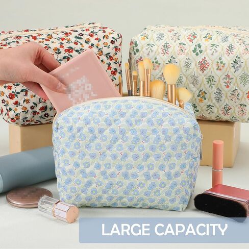 6 Pcs 8 Inch Large Quilted Makeup Bag Bulk Floral Cosmetic Bag Bridesmaid Gifts Women Floral Cotton Quilted Pouch Travel Toiletry Coquette Aesthetic Makeup Organizer for Women in Kuwait