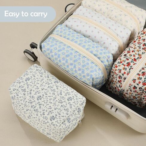 6 Pcs 8 Inch Large Quilted Makeup Bag Bulk Floral Cosmetic Bag Bridesmaid Gifts Women Floral Cotton Quilted Pouch Travel Toiletry Coquette Aesthetic Makeup Organizer for Women in Kuwait