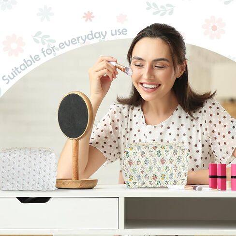 6 Pcs 8 Inch Large Quilted Makeup Bag Bulk Floral Cosmetic Bag Bridesmaid Gifts Women Floral Cotton Quilted Pouch Travel Toiletry Coquette Aesthetic Makeup Organizer for Women in Kuwait