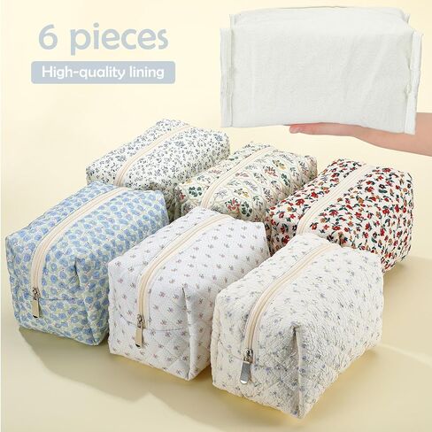6 Pcs 8 Inch Large Quilted Makeup Bag Bulk Floral Cosmetic Bag Bridesmaid Gifts Women Floral Cotton Quilted Pouch Travel Toiletry Coquette Aesthetic Makeup Organizer for Women in Kuwait