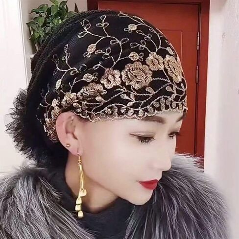 Cotton Summer Turban Cap Embroidery Prayer Hat Women(Black) in Saudi Arabia