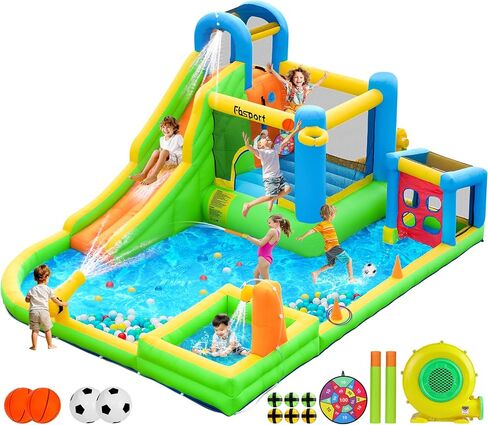FBSPORT Inflatable Bounce House, 9 in 1 Water Slide with Blower, Bouncy House for Kids Indoor Outdoor Wet Dry Combo Water Bounce House with Football Shooting, Water Gun, Splash Pool, Bounce Area, Hose in Kuwait