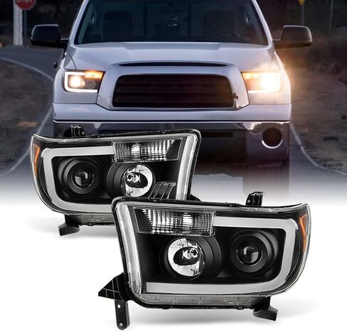 AKKON - For 2007-2013 Toyota Tundra | 2008-2017 Sequoia SMD LED Tube Black Smoked Lens Projector Headlights Replacement Pair Set in Saudi Arabia