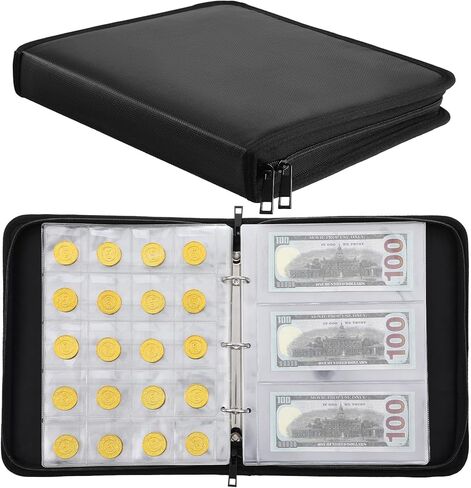 Fireproof Coin Collection Album, 360 Pockets & 36 Sleeves Paper Money Currency Album, Water-Resistant Storage Binder for Coins, Currency, Stamps, Black in Kuwait