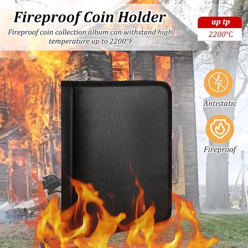 Fireproof Coin Collection Album, 360 Pockets & 36 Sleeves Paper Money Currency Album, Water-Resistant Storage Binder for Coins, Currency, Stamps, Black in Kuwait