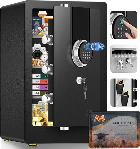 صندوق آمن بيومتري كبير بطول 23.62 سم، خزائن منزلية مقاومة للماء، مستندات آمنة مع حجرة سفلية مخفية، تنبيهات مزدوجة مضادة للسرقة، وضع كتم الصوت، أمان رقمي للمنزل والعمل in Kuwait