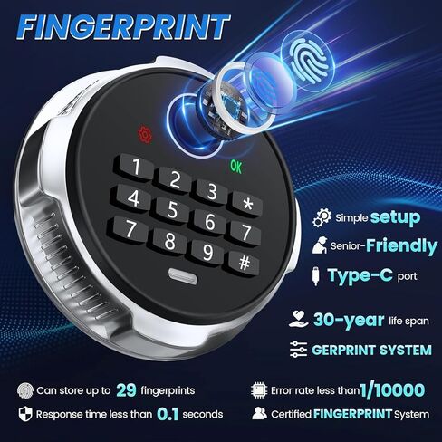 صندوق آمن بيومتري كبير بطول 23.62 سم، خزائن منزلية مقاومة للماء، مستندات آمنة مع حجرة سفلية مخفية، تنبيهات مزدوجة مضادة للسرقة، وضع كتم الصوت، أمان رقمي للمنزل والعمل in Kuwait