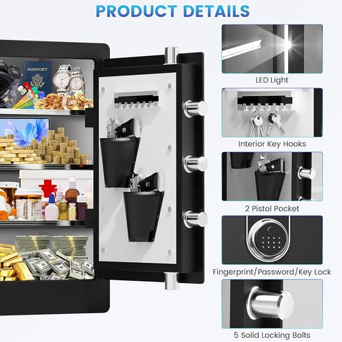 صندوق آمن بيومتري كبير بطول 23.62 سم، خزائن منزلية مقاومة للماء، مستندات آمنة مع حجرة سفلية مخفية، تنبيهات مزدوجة مضادة للسرقة، وضع كتم الصوت، أمان رقمي للمنزل والعمل in Kuwait
