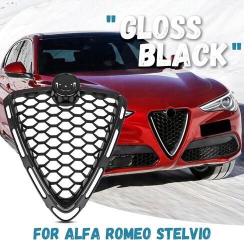 Front Grille Compatible with 2017 2018 2019 2020 2021 2022 2023 2024 Alfa Romeo Stelvio Gloss Black Replacement Bumper Upper Grill in Kuwait
