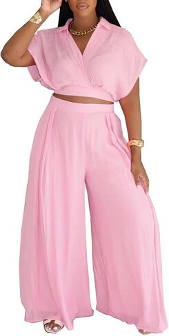 KEYUFANG Women's Summer 2 Piece Outfits Wrap V Neck Crop Top and Wide Leg Pants Sets Casual Vacation Outfits in Kuwait