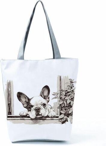 Black and White Frenchie Art Print Tote Bag Daily Use Secure Zipper Closure Handbag Outdoor Activities​ Travel Shoulder Bag Birthday Gift for Her Sister Friend Who Loves French Bulldogs in Saudi Arabia