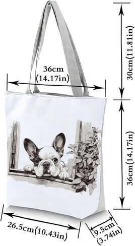 Black and White Frenchie Art Print Tote Bag Daily Use Secure Zipper Closure Handbag Outdoor Activities​ Travel Shoulder Bag Birthday Gift for Her Sister Friend Who Loves French Bulldogs in Saudi Arabia