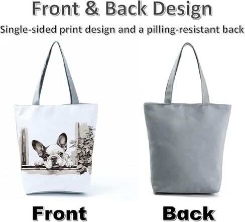 Black and White Frenchie Art Print Tote Bag Daily Use Secure Zipper Closure Handbag Outdoor Activities​ Travel Shoulder Bag Birthday Gift for Her Sister Friend Who Loves French Bulldogs in Saudi Arabia
