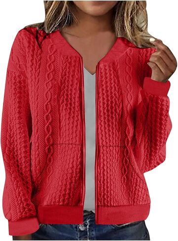 Women's Zip Up Sweatshirt Cable Knit Crewneck Jacke Hoodless Cardigan Sweater Casual Coat with Pockets Long Sleeve in Saudi Arabia