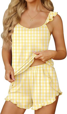 طقم بيجامة نسائي من Ekouaer، قميص وسروال قصير مكشكش، طقم صالة من قطعتين، ملابس نوم، بيجامة زفاف لطيفة ومريحة للصيف للنساء in Kuwait