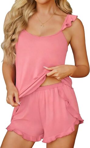 Ekouaer Womens Pajama Sets Ruffle Cami Top and Shorts 2 Piece Lounge Set Sleepwear, Summer Comfy Cute Bridal Pajama for Women in Saudi Arabia