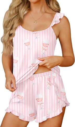 Ekouaer Womens Pajama Sets Ruffle Cami Top and Shorts 2 Piece Lounge Set Sleepwear, Summer Comfy Cute Bridal Pajama for Women in Saudi Arabia