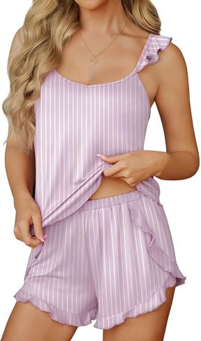 Ekouaer Womens Pajama Sets Ruffle Cami Top and Shorts 2 Piece Lounge Set Sleepwear, Summer Comfy Cute Bridal Pajama for Women in Saudi Arabia
