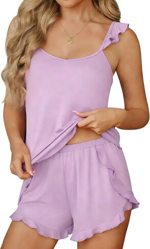 Ekouaer Womens Pajama Sets Ruffle Cami Top and Shorts 2 Piece Lounge Set Sleepwear, Summer Comfy Cute Bridal Pajama for Women in Saudi Arabia