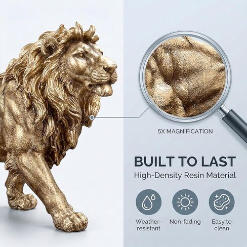 15 Inch Luck Lion Statue Figurine Sculpture Resin Collectible Gifts for Lion Noble Office Home Decor Desk Accessories Decoration Garden Figurines Outdoor Decor Gold (Gold) in Kuwait