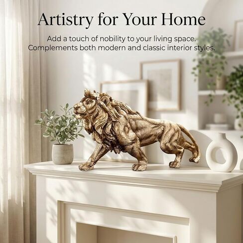 15 Inch Luck Lion Statue Figurine Sculpture Resin Collectible Gifts for Lion Noble Office Home Decor Desk Accessories Decoration Garden Figurines Outdoor Decor Gold (Gold) in Kuwait