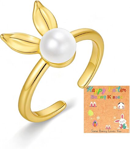 Easter Ring for Women Cute Bunny Rabbit Pearl Open Ring 14K Gold Plated Adjustable Band Statement Animal Ring Holiday Jewelry Gift in Kuwait