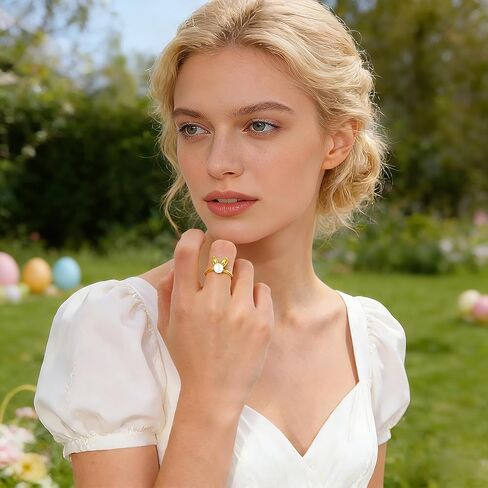 Easter Ring for Women Cute Bunny Rabbit Pearl Open Ring 14K Gold Plated Adjustable Band Statement Animal Ring Holiday Jewelry Gift in Kuwait