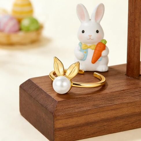 Easter Ring for Women Cute Bunny Rabbit Pearl Open Ring 14K Gold Plated Adjustable Band Statement Animal Ring Holiday Jewelry Gift in Saudi Arabia
