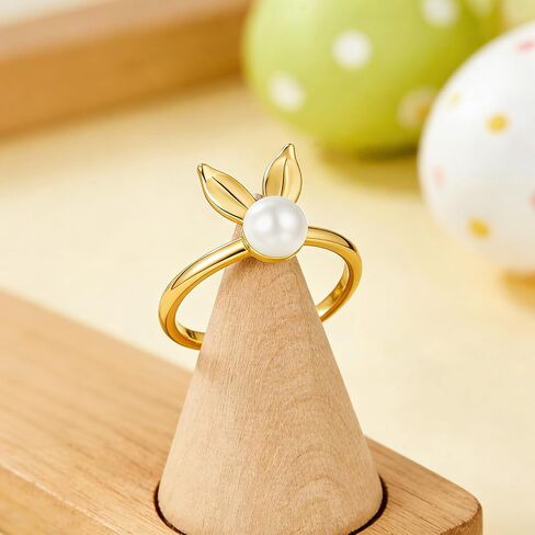Easter Ring for Women Cute Bunny Rabbit Pearl Open Ring 14K Gold Plated Adjustable Band Statement Animal Ring Holiday Jewelry Gift in Saudi Arabia