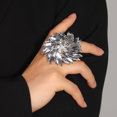 Silver Rhinestone Blossom Flower Big Cocktail Statement Ring for Women Adjustable Exaggerate Comfort Fit Large Floral Open Marquise Crystal Petal Cluster Finger Rings Bridal Wedding Party Prom Jewelry in Saudi Arabia