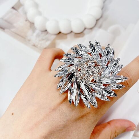 Silver Rhinestone Blossom Flower Big Cocktail Statement Ring for Women Adjustable Exaggerate Comfort Fit Large Floral Open Marquise Crystal Petal Cluster Finger Rings Bridal Wedding Party Prom Jewelry in Saudi Arabia