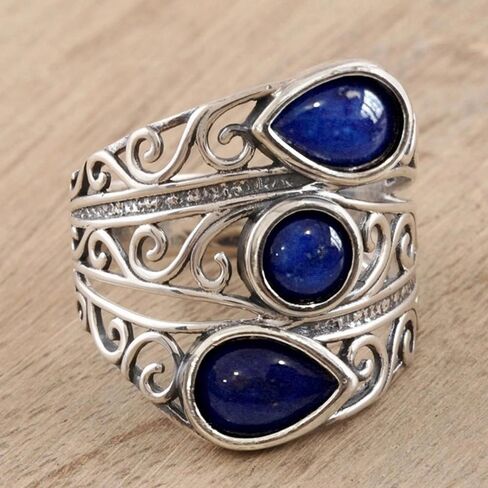 Silver Plated Vintage Blue Teardrop Hollow Design Ring for Women's Daily Casual Wear Party Holiday Jewelry Gift in Saudi Arabia