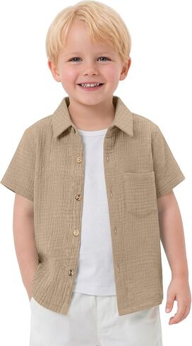 قميص قطني بأكمام قصيرة وأزرار سفلية للأطفال الصغار الصغار من القطن القطني ذو الياقة الكاجوال بلون سادة مع جيب in Kuwait