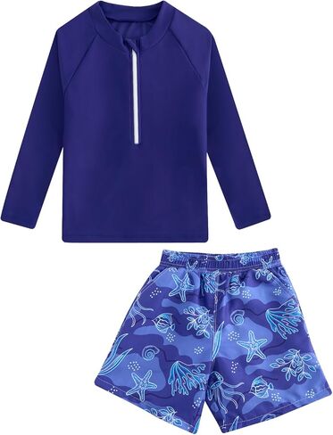 Boys Rash Guard Swimsuits 2 Piece Swim Set Zipper Long Sleeve Bathing Suit with Swim Trunks 3-12Y in Kuwait