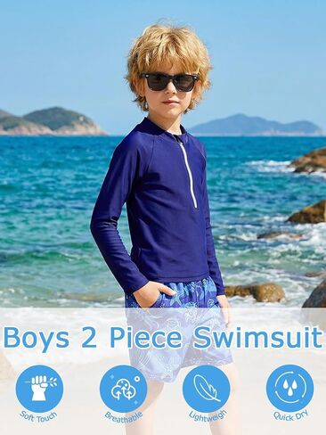 Boys Rash Guard Swimsuits 2 Piece Swim Set Zipper Long Sleeve Bathing Suit with Swim Trunks 3-12Y in Saudi Arabia