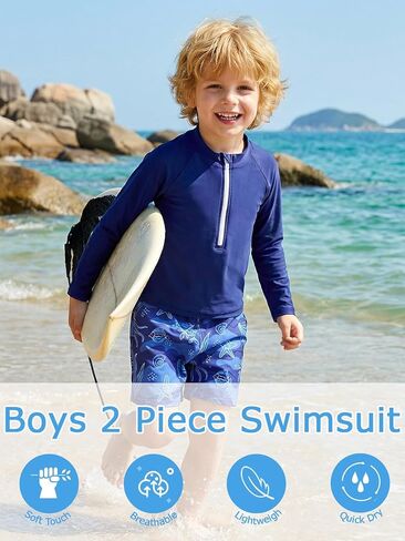 Boys Rash Guard Swimsuits 2 Piece Swim Set Zipper Long Sleeve Bathing Suit with Swim Trunks 3-12Y in Saudi Arabia