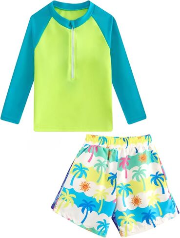 Boys Rash Guard Swimsuits 2 Piece Swim Set Zipper Long Sleeve Bathing Suit with Swim Trunks 3-12Y in Saudi Arabia